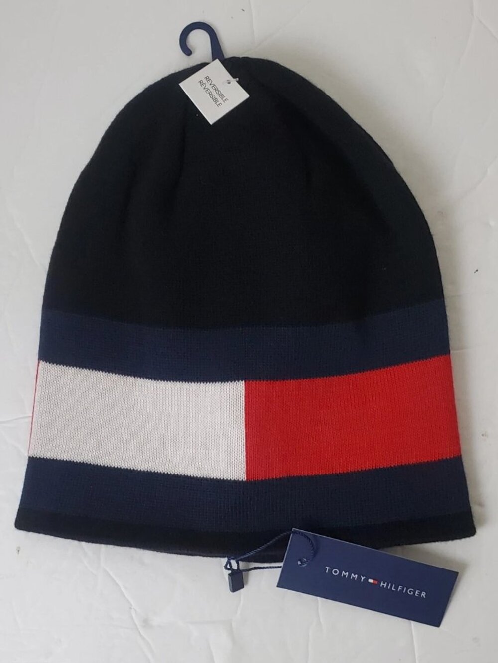 TOMMY HILFIGER REVERSIBLE BEANIE HAT MEN'S FLAG LOGO ONESIZE BLACK COLD WEATHER